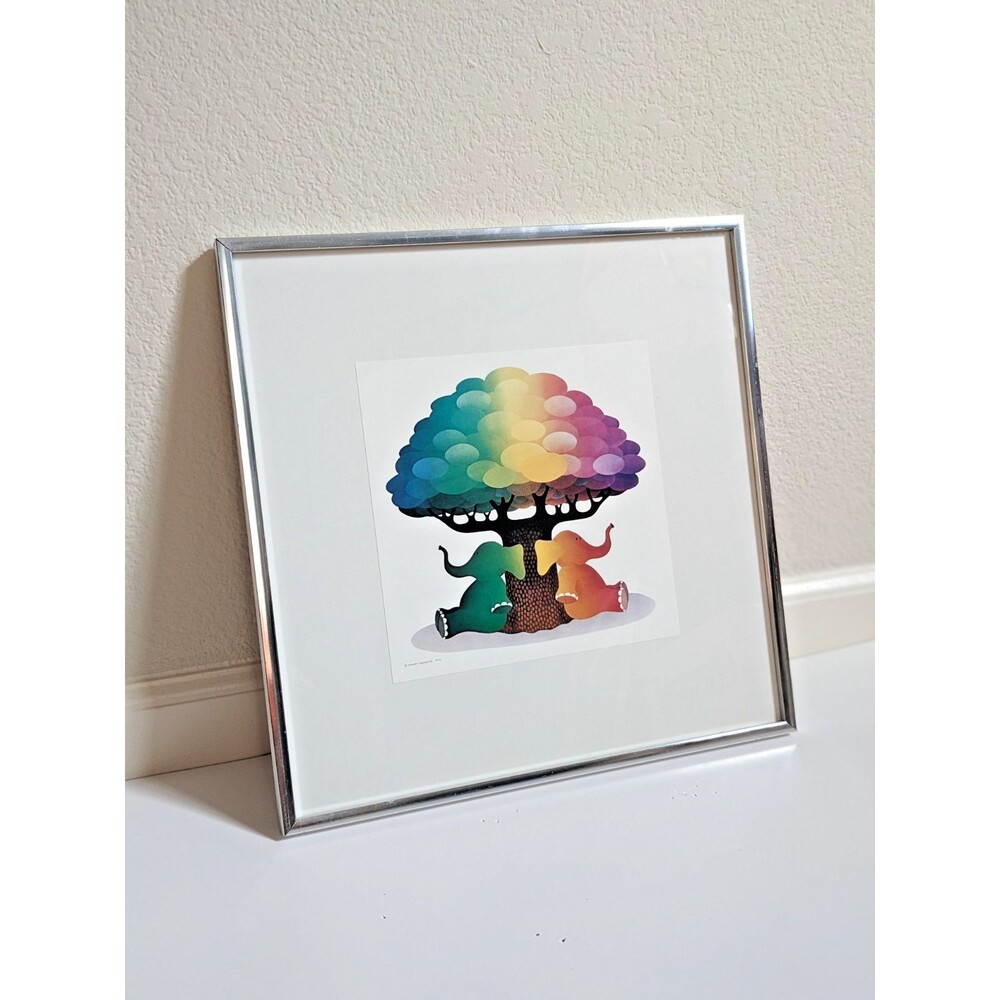 Stewart Moskowitz Rainbow Elephants Print Framed 1974 Pop Art‎ Surrealism 14x14"